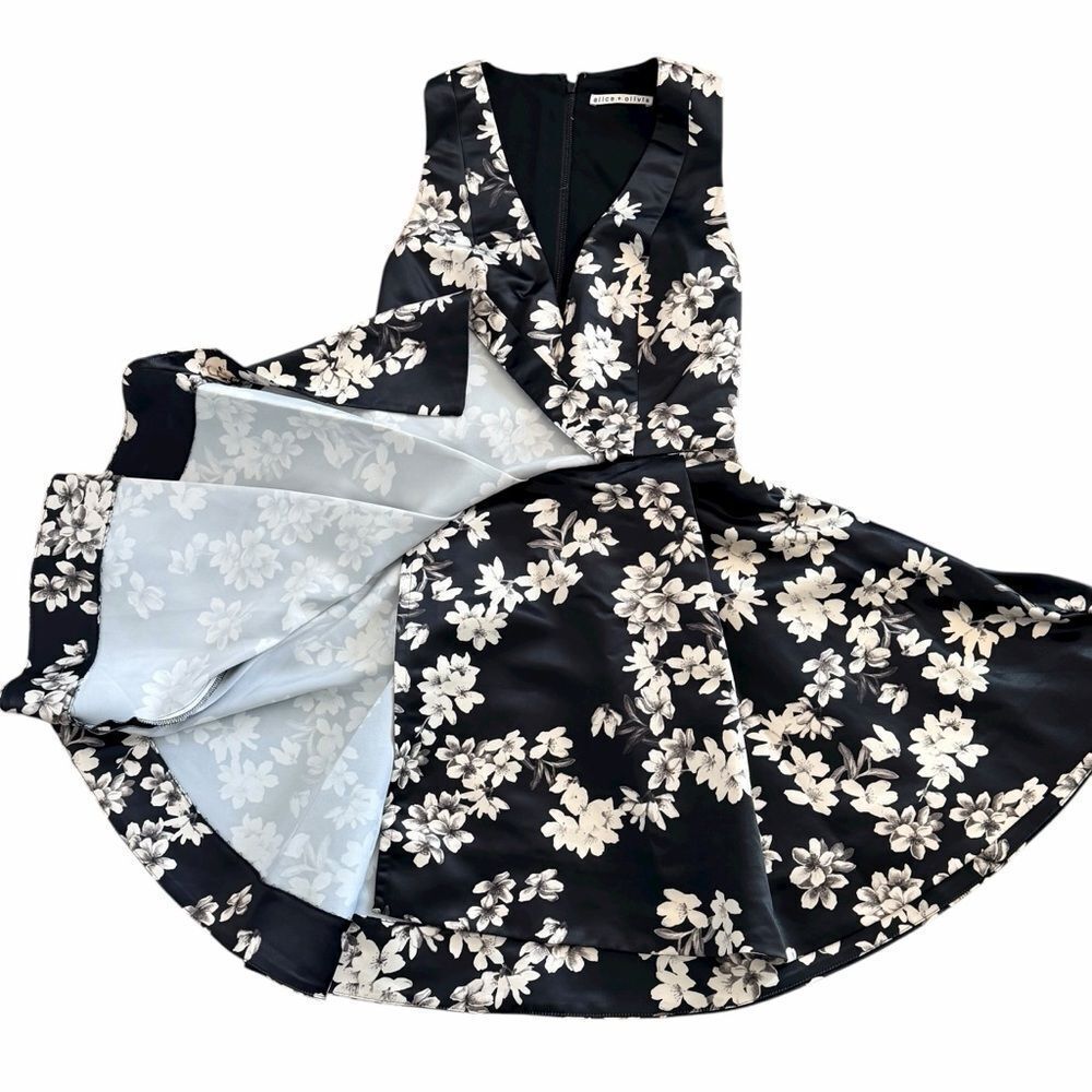 Alice + Olivia Black Floral Fit & Flare Dress Small - Picture 7 of 14